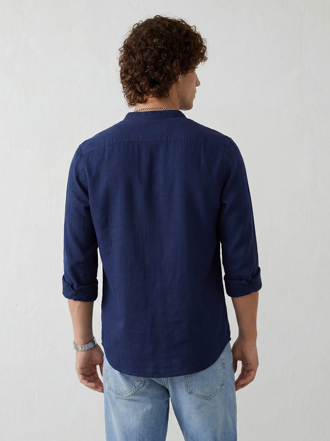 Slim Fit Mandrin Collar Shirt | Navy Blue