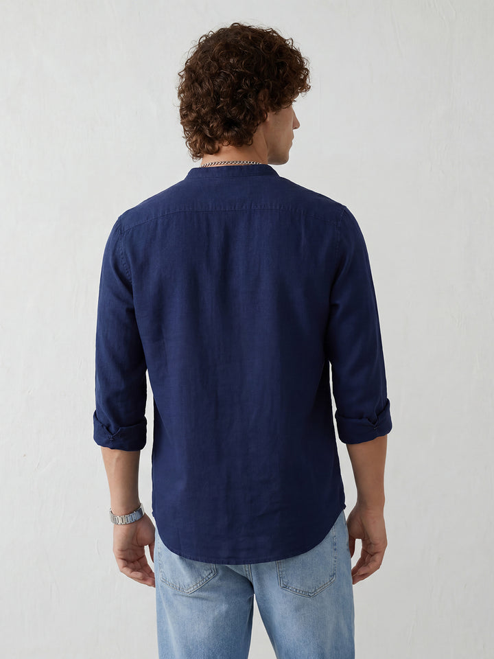 Slim Fit Mandrin Collar Shirt | Navy Blue