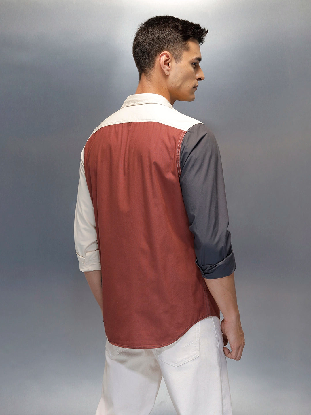 Men's Casual Regular Fit Shirt With Colourblock | Rust