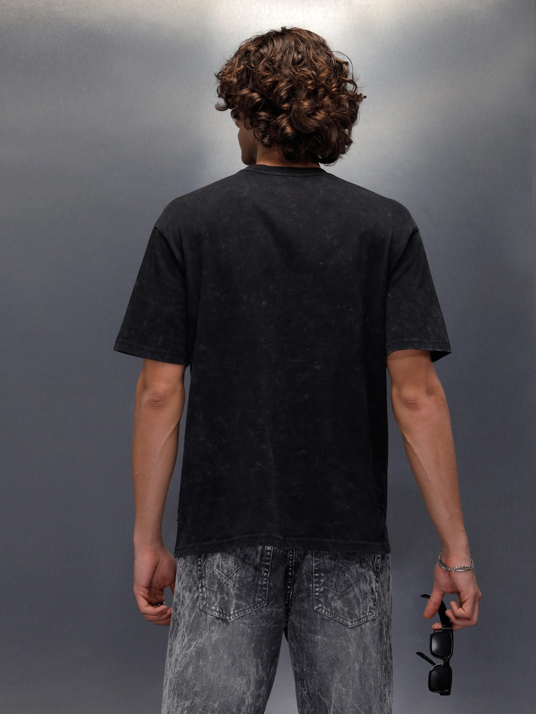 Acid Wash Crew Neck Tee With Chest Logo & Patch Graphic | Black