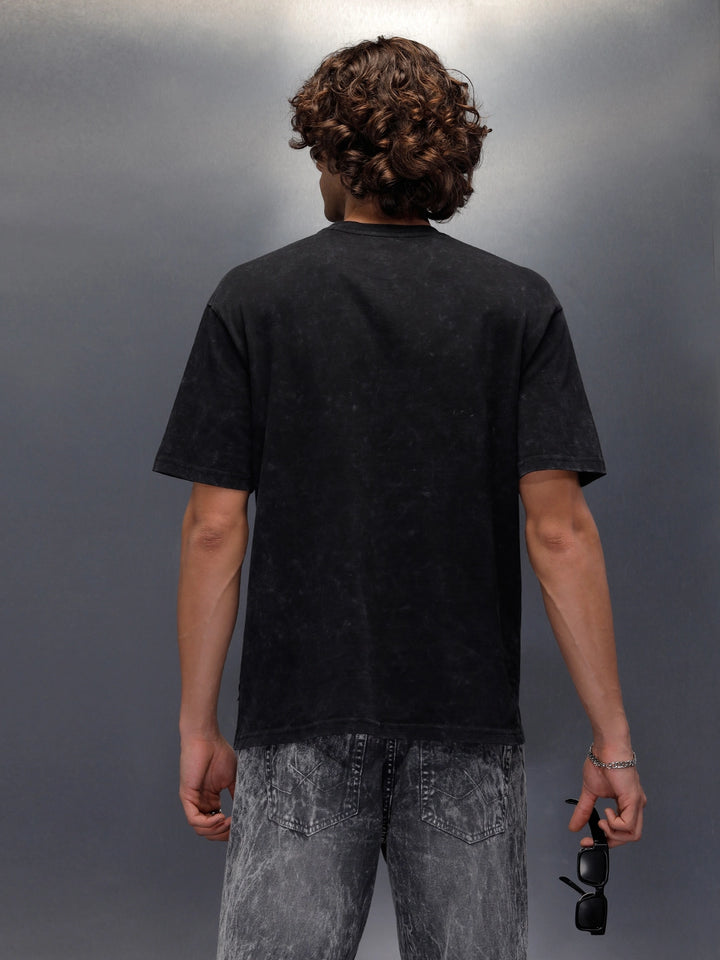 Acid Wash Crew Neck Tee With Chest Logo & Patch Graphic | Black