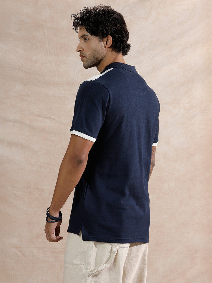 Contrast Colour Blocked Polo T-Shirt  | Navy Blue