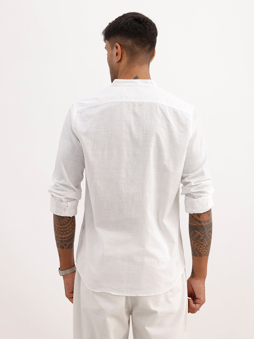 Solid Regular Fit Mandrin Collar Shirt | White