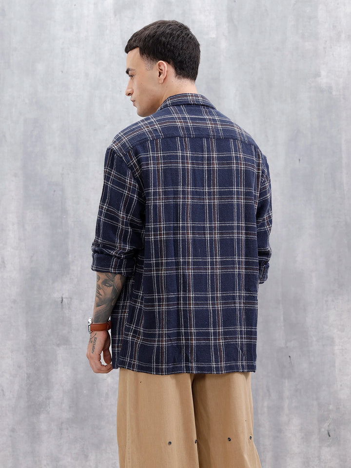 Wrogn Men's Oversized Double Pocket Textured Checks Shirt  | Navy Blue