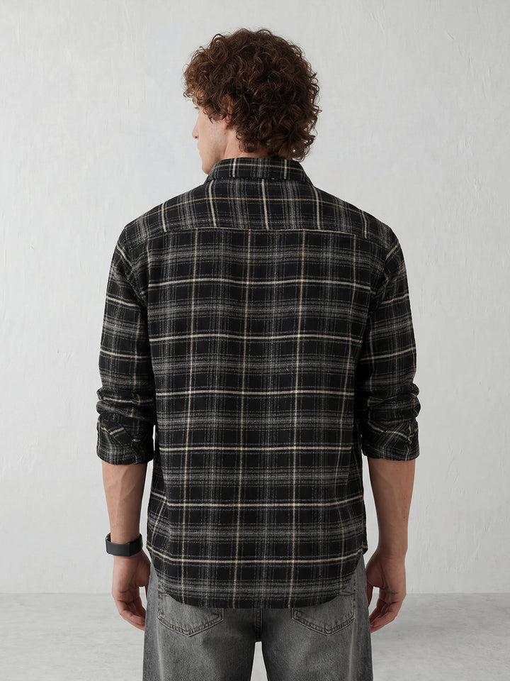 Smart Casual Check Shirt with Embellished Badge Accent | Black