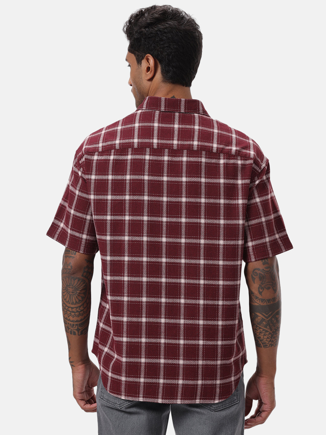 Maroon and White Checkered Casual Shirt