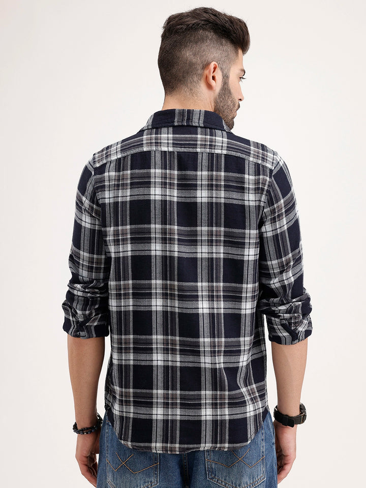 Regular Fit Textured Checkered Shirt | Navy Blue