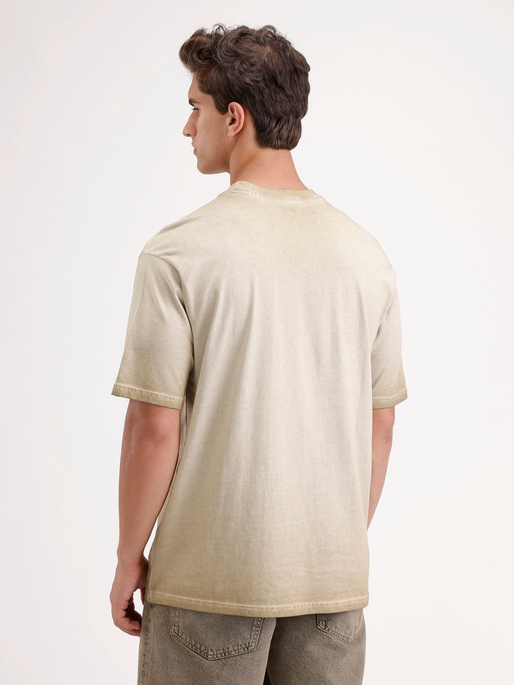 Oversized Washed Placement Printed T-Shirt | Khaki