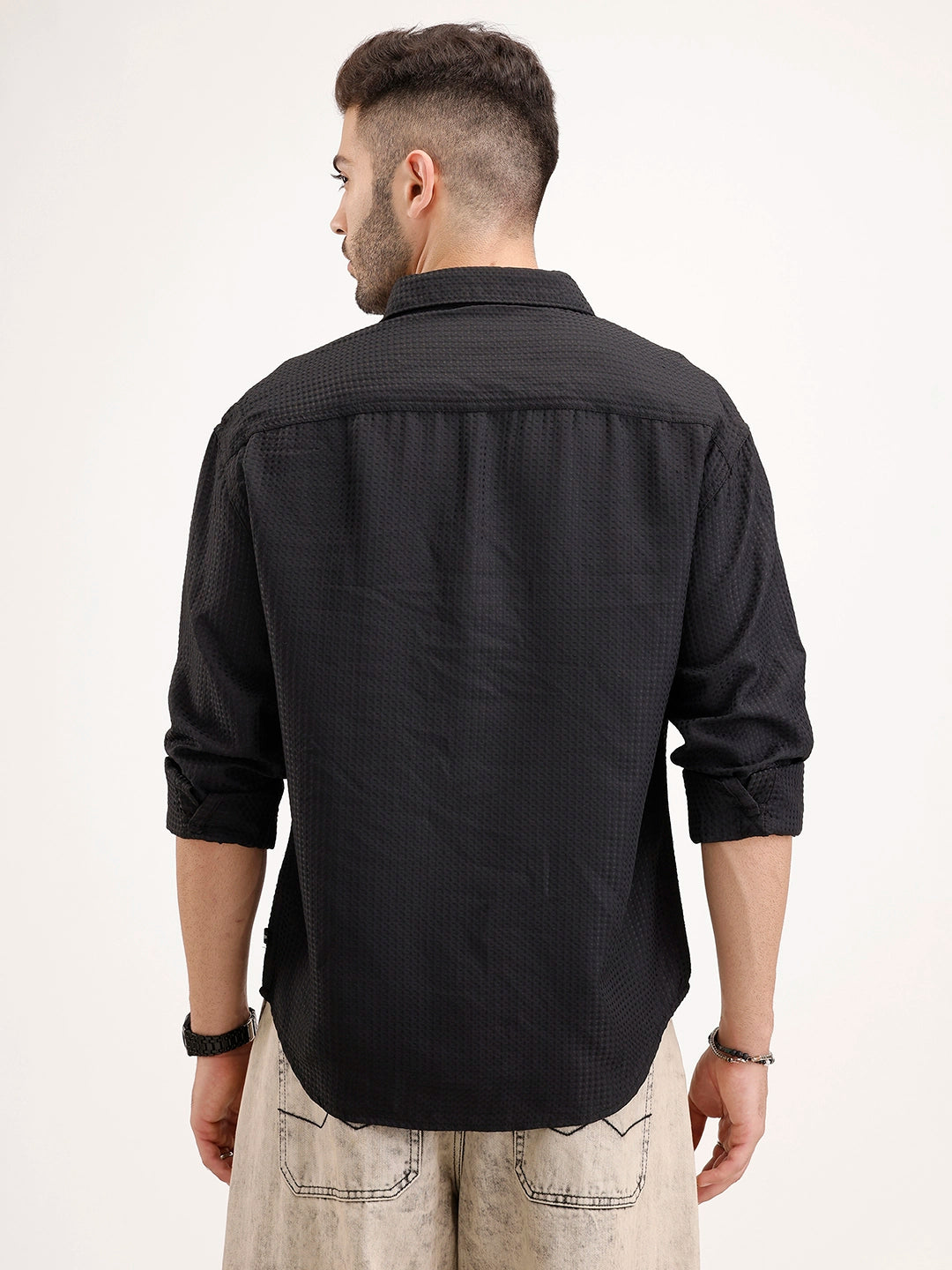 Oversized Fit Double Pocket Textured Shirt | Black