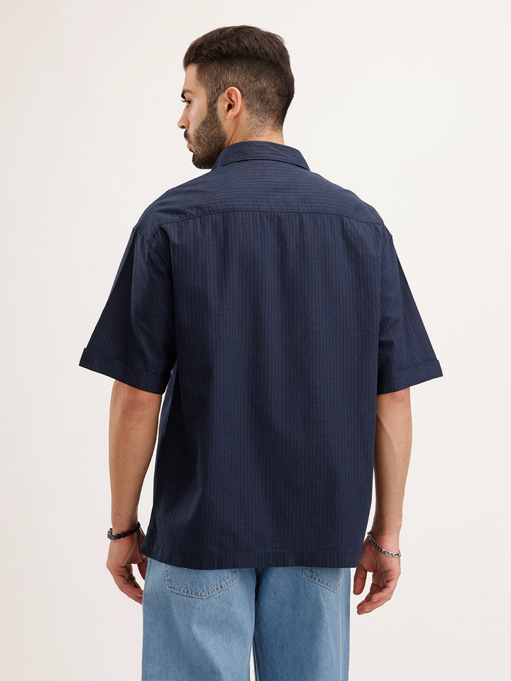 Oversized Linen Blend Striped Shirt | Navy