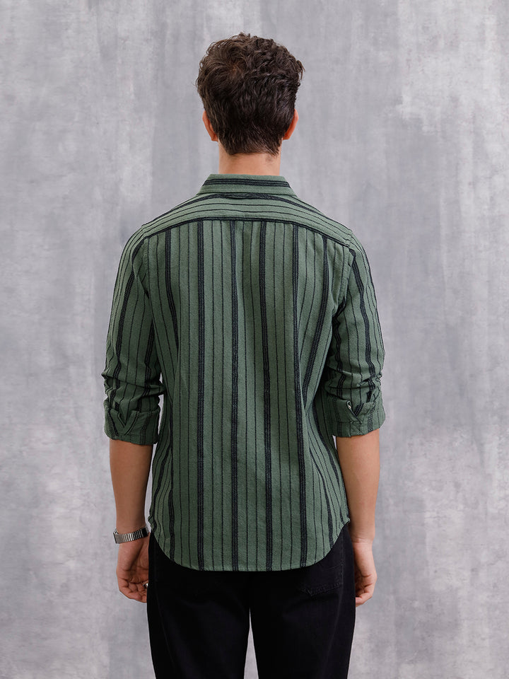 Slim Fit Stripe Shirt In Chenille Yarn | Olive