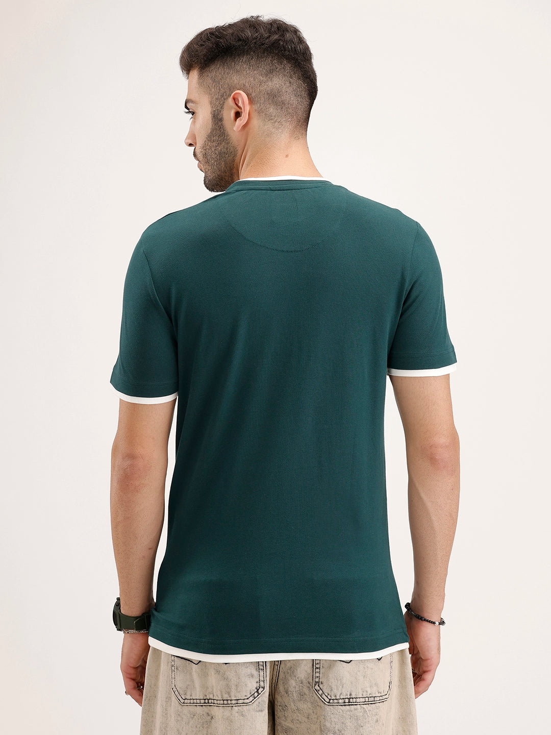 Reular Fit Contrast Collar HD Printed T-Shirt | Dark Green