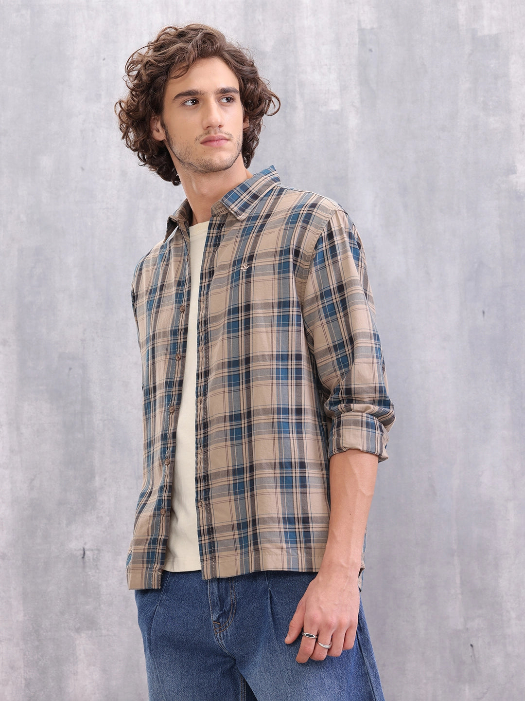 Textured Checkered Cotton Shirt | Brown