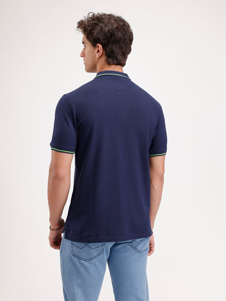 Solid Slim Fit Tipping Collar Polo T-Shirt  | Navy Blue