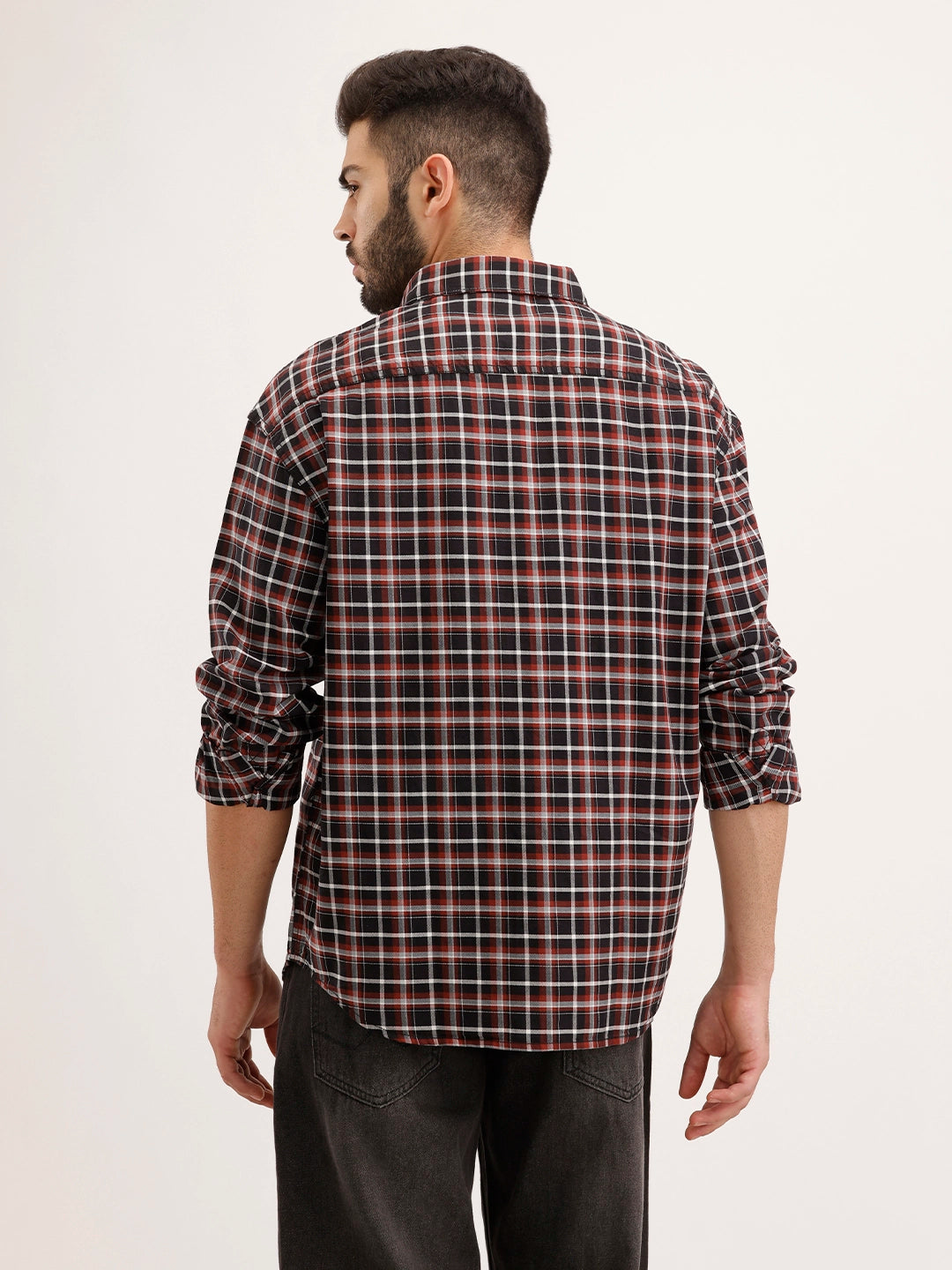 Oversized Fit Double Pocket Checkered Shirt | Black