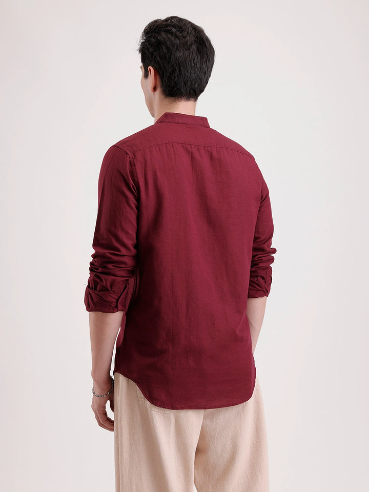 Slim Fit Mandrin Collar Linen Blend Shirt  | Wine