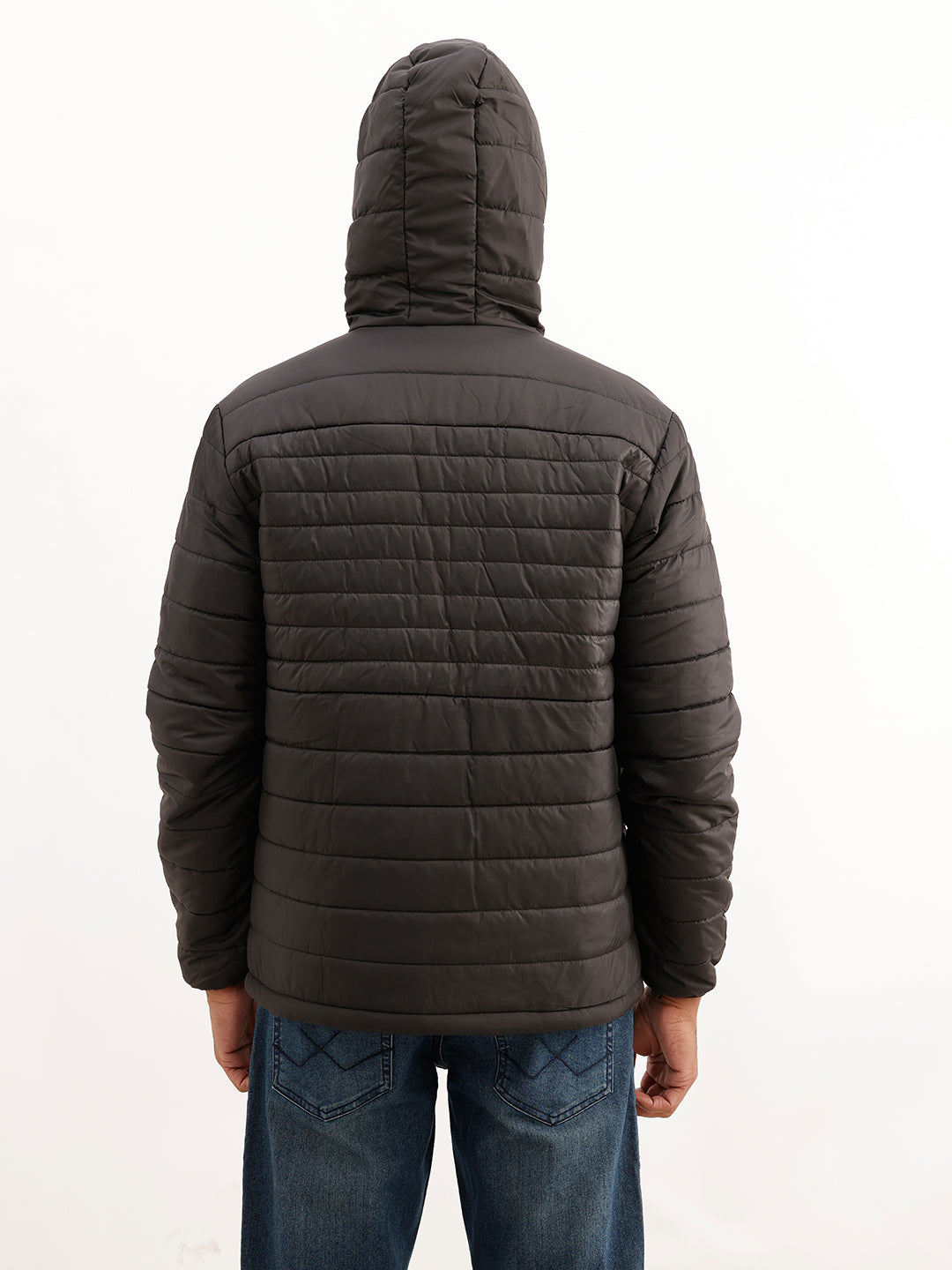Solid Regular Fit Puffer Hooded Jacket | Black