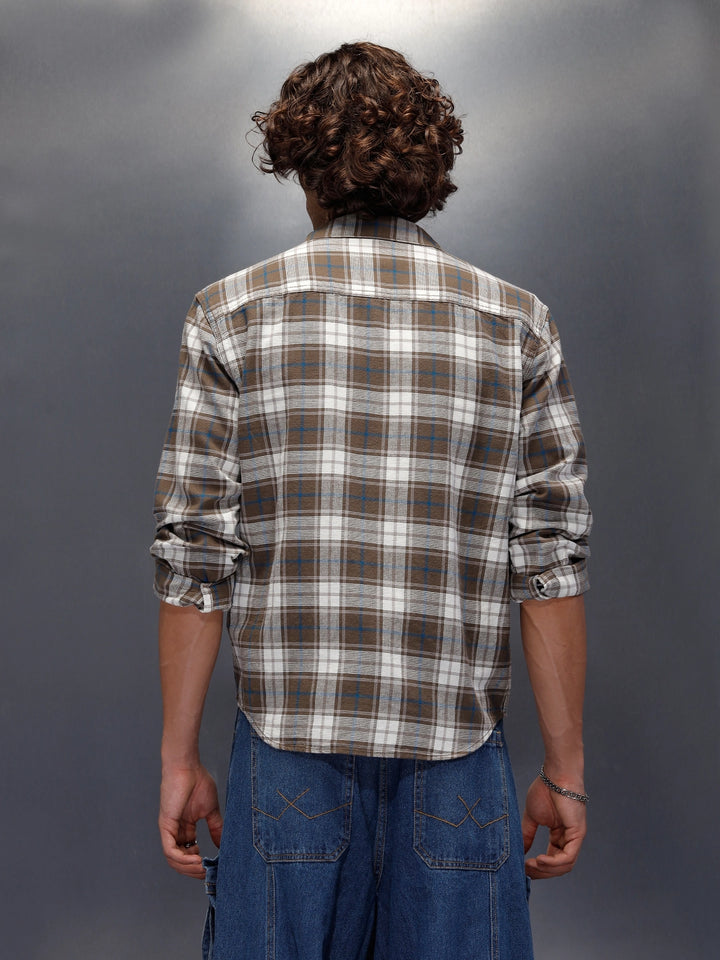 Textured Comfort Fit Checkered Pattern Shirt With Branding | Brown