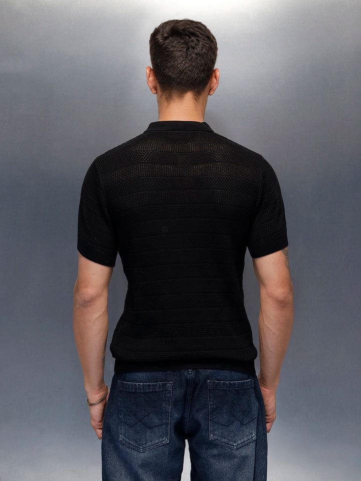 Textured Knit slim fit Polo T-shirt | Black