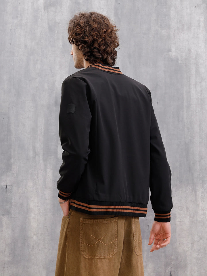 Striped Rib Slim Fit Bomber Jacket  |  Black