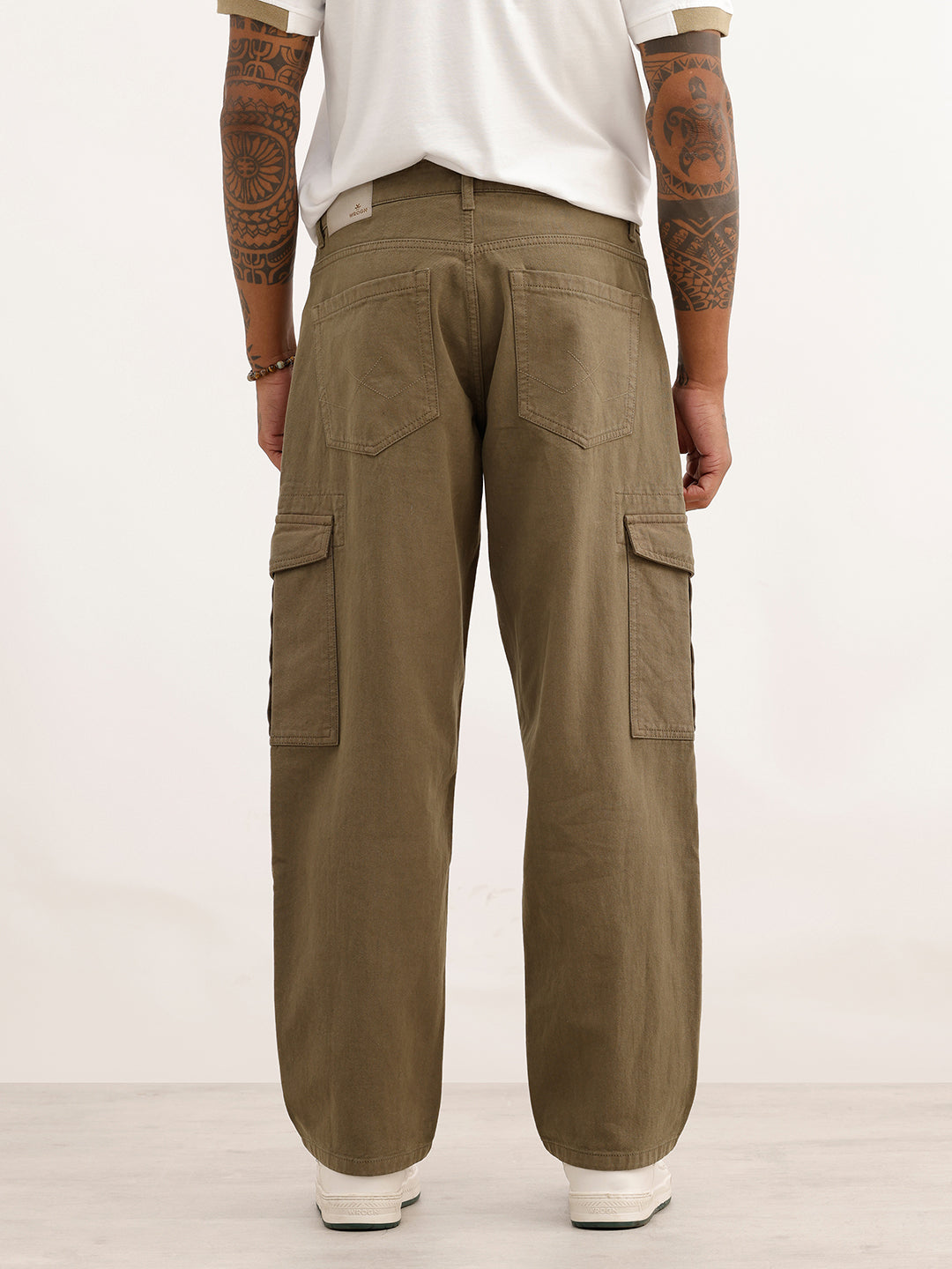 Loose Fit Solid Denim Cargo | Olive