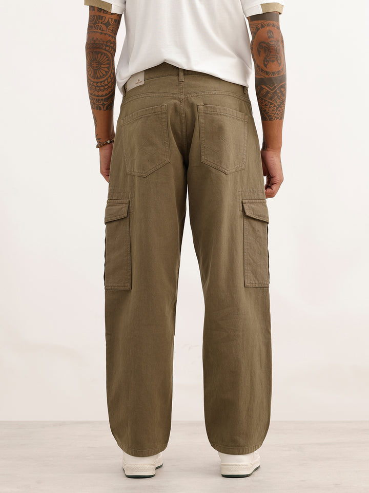 Loose Fit Solid Denim Cargo | Olive