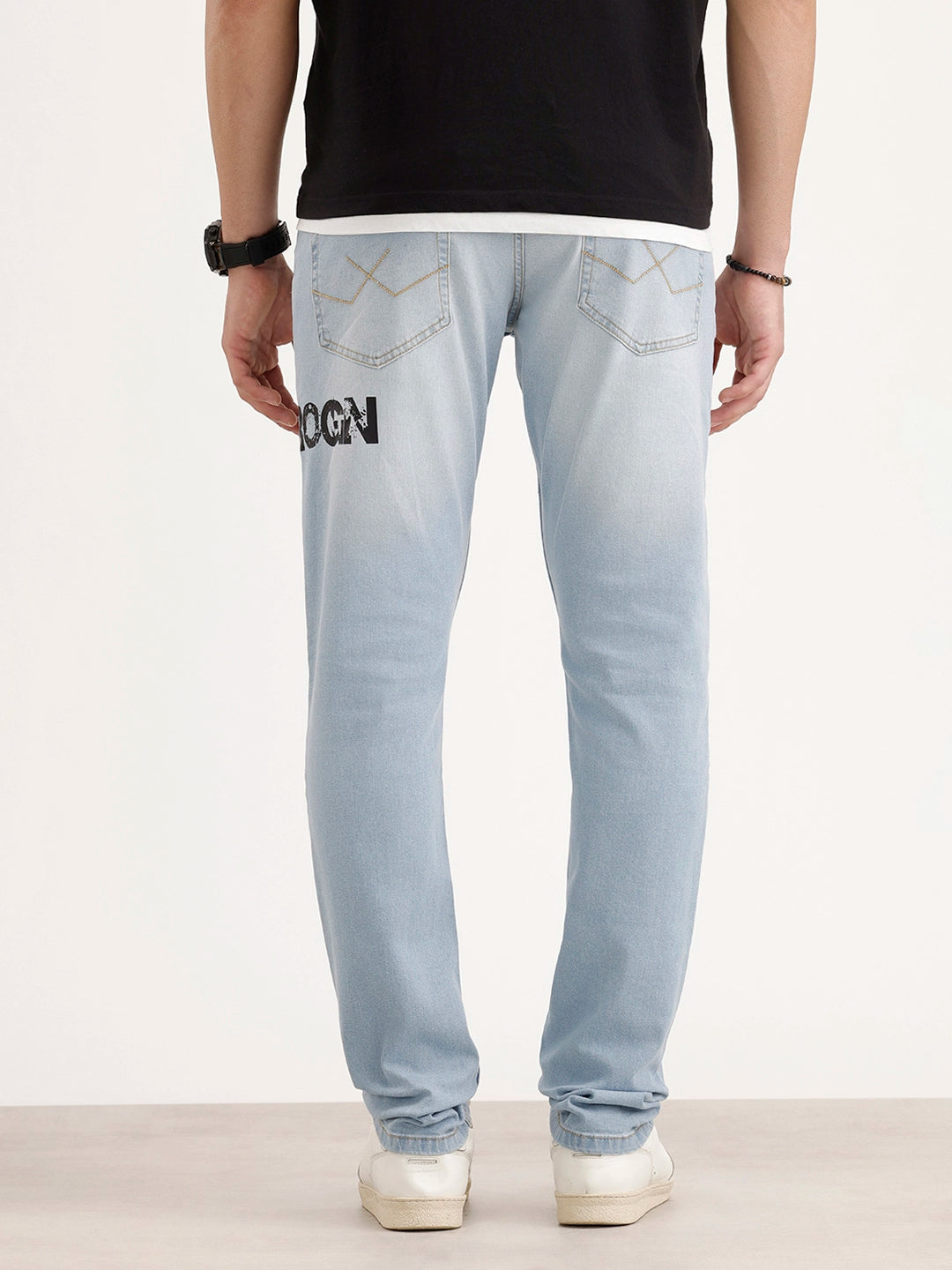 Slim Fit Placement Printed Denim Jeans | Light Blue