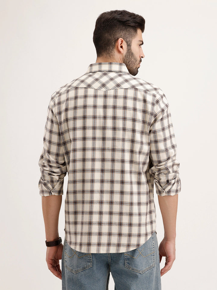 Slim Fit Double Pocket Checkered Shirt | Beige