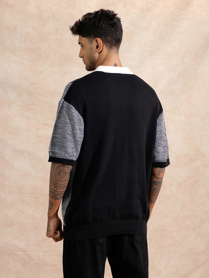 Textured Flat Knit Polo T-Shirt | Black & Grey