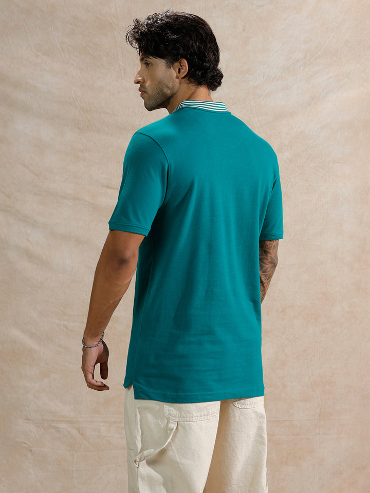 Striped Collar Slim Fit Polo T-Shirt | Teal