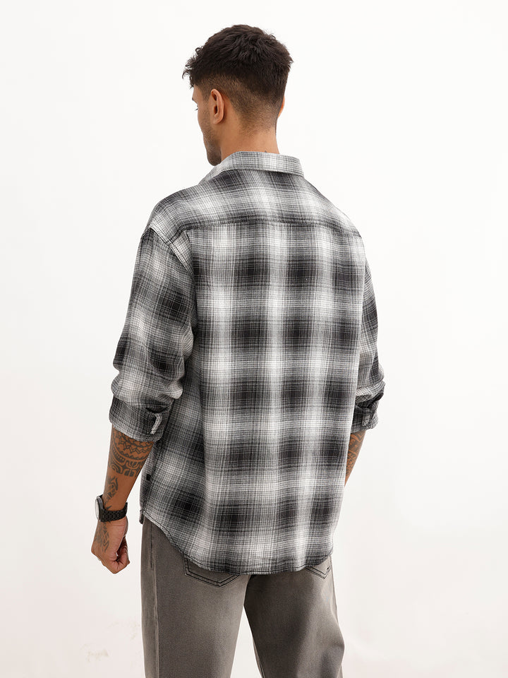 Oversized Double Pocket Checkered Shirt | White