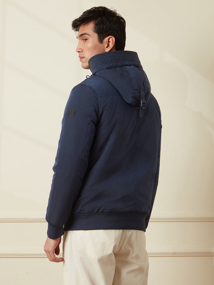 Crushed Metallic Hooded Jacket | Navy Blue