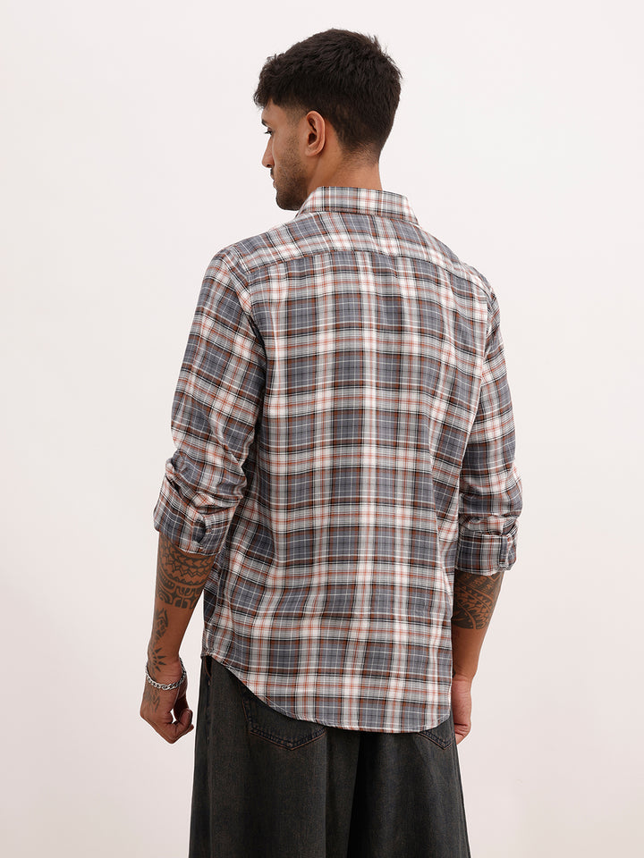 Slim Fit Checkered Full Sleeve Shirt | Grey