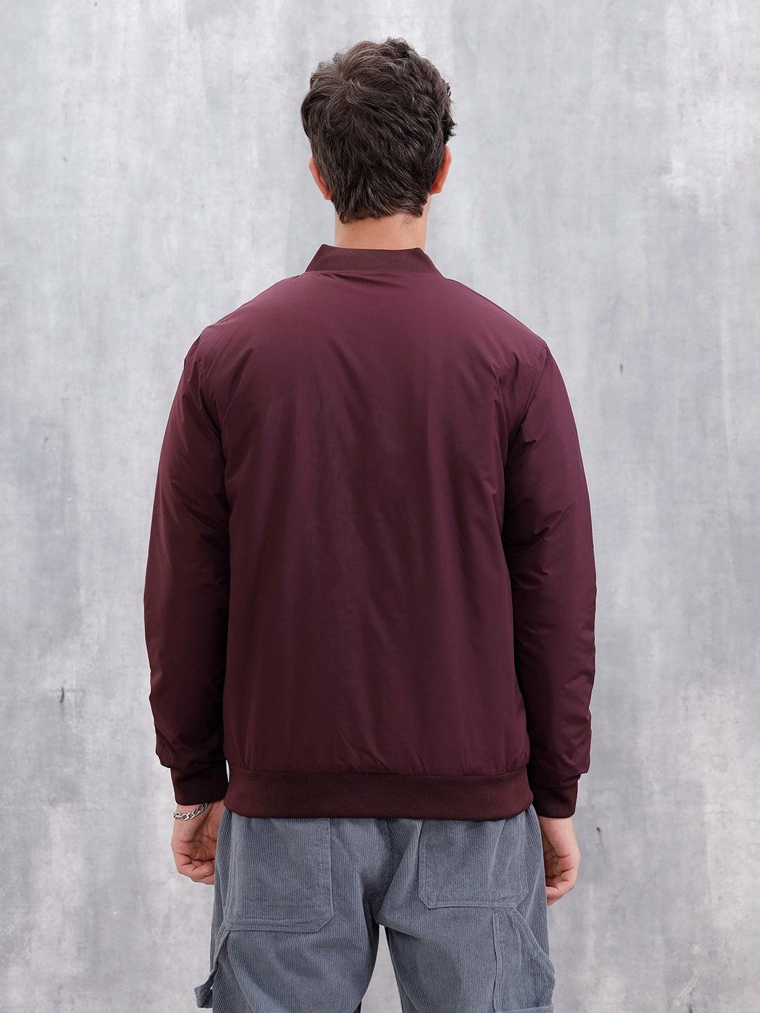Men's Casual Solid Bomber Jacket | Maroon