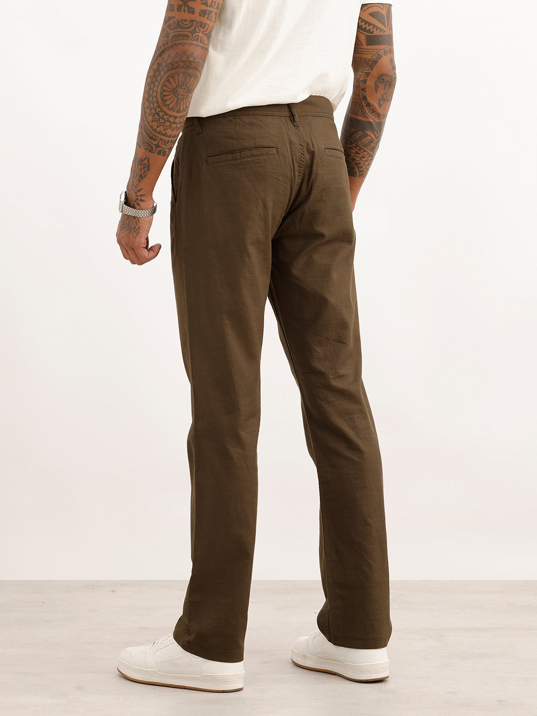 Solid Straight Fit Cotton Trousers | Olive