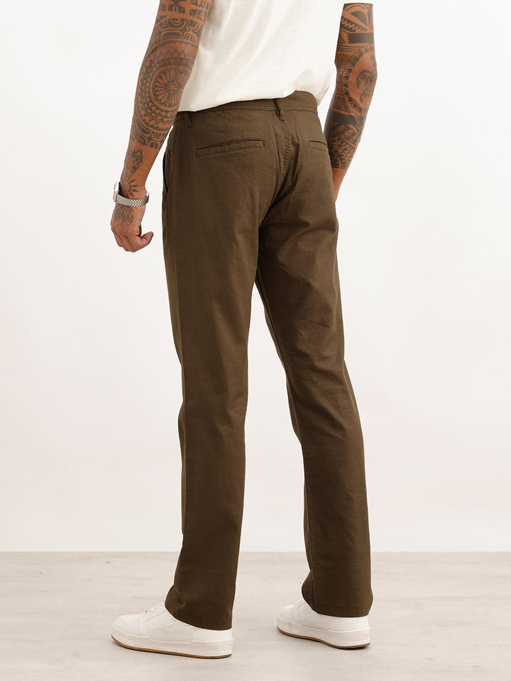 Solid Straight Fit Cotton Trousers | Olive
