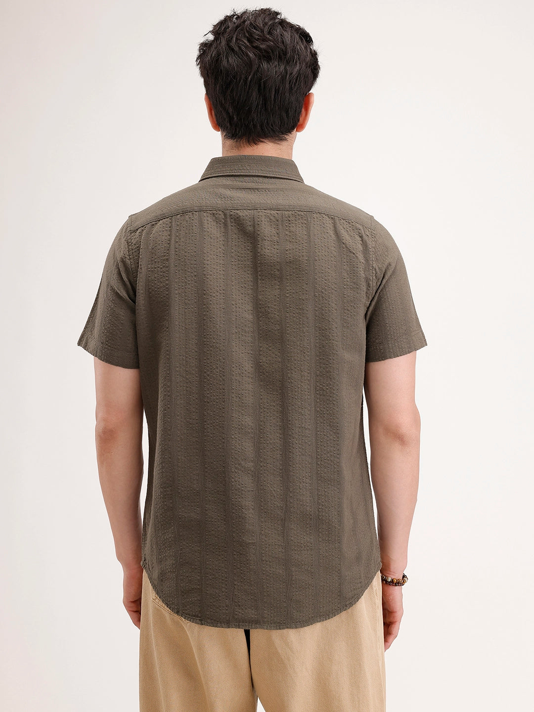 Slim Fit Textured Half Sleeve Shirt | Olive