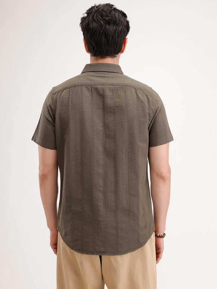 Slim Fit Textured Half Sleeve Shirt | Olive
