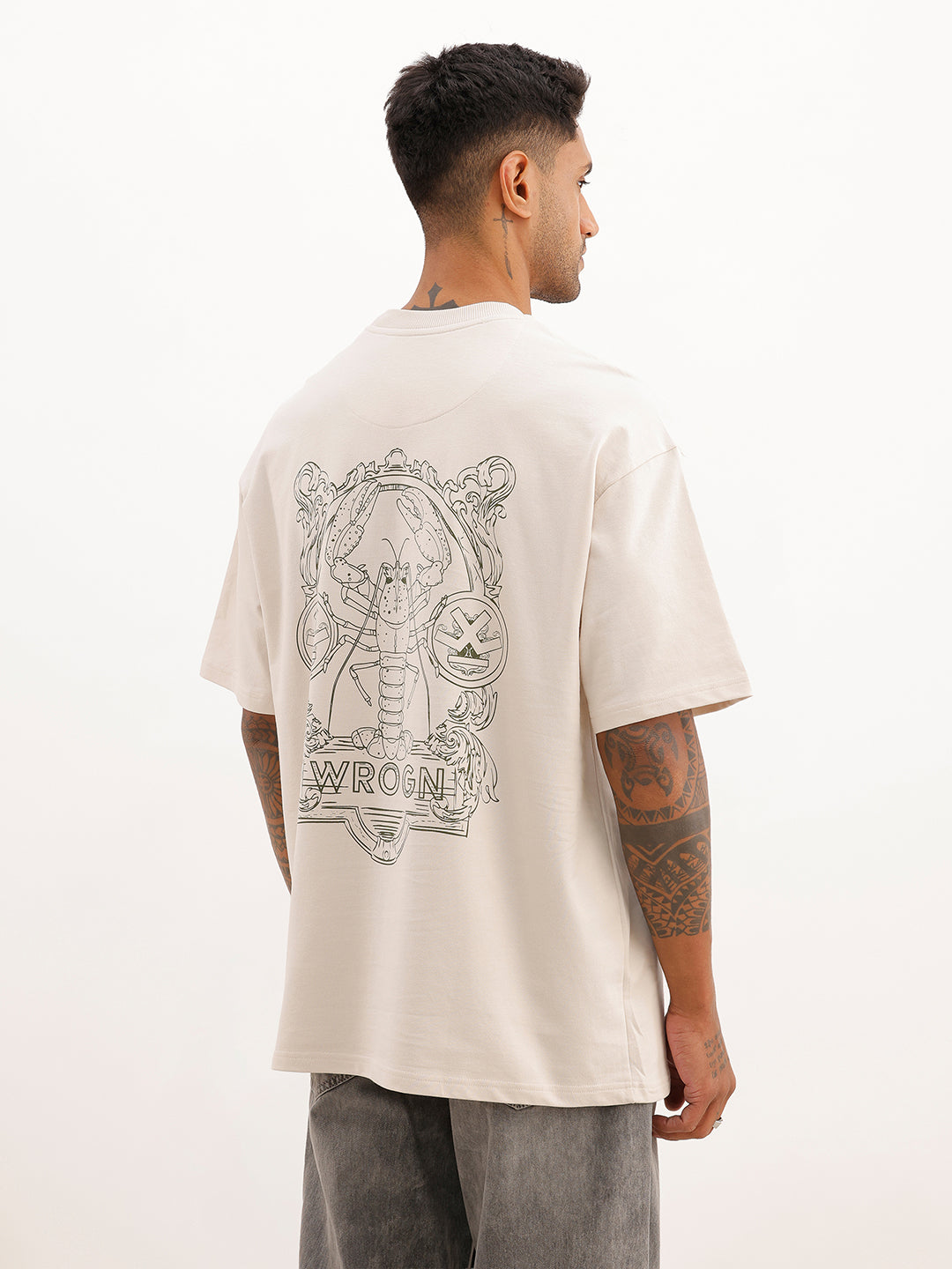 Classic Oversized Fit Back Print T-Shirt | Beige