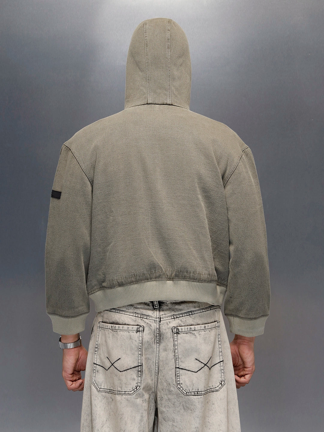 men's casual oversized crop fit front zipper hooded jacket | Olive