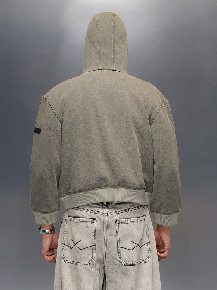 men's casual oversized crop fit front zipper hooded jacket | Olive