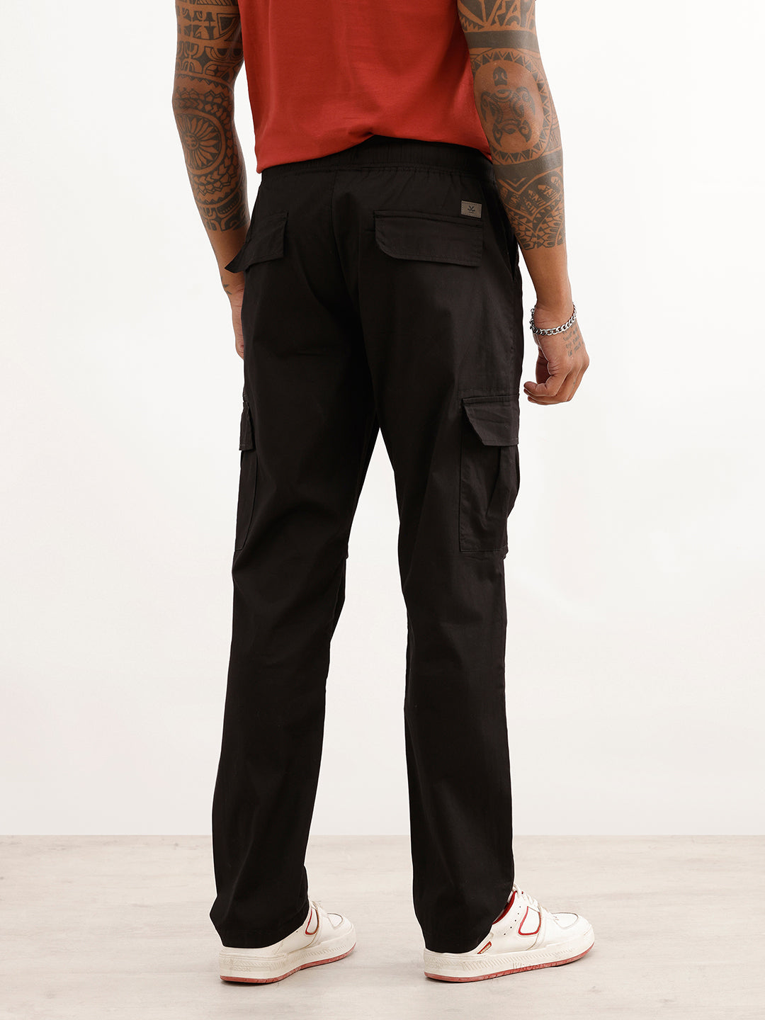 Solid Straight Fit Cargo Trousers | Black