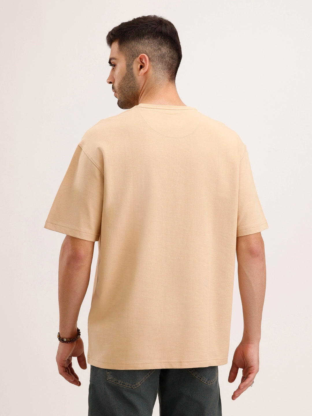 Oversized Cut & Sew Placement Printed T-Shirt | Beige