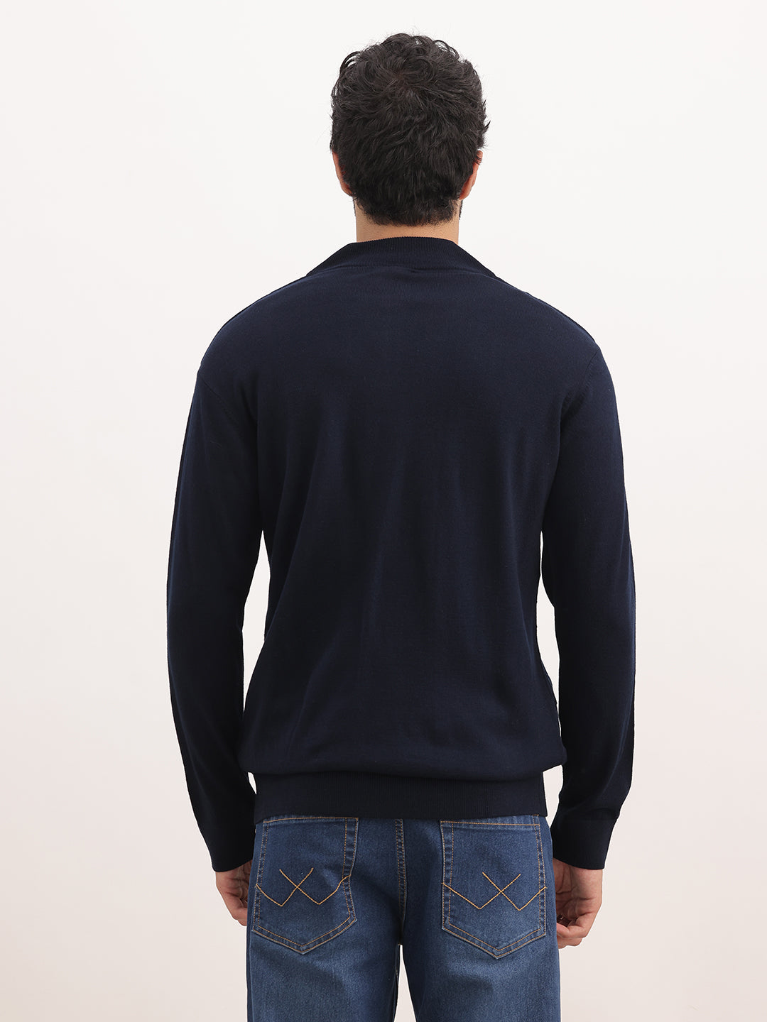 Solid Regular Fit Quater Zipper Textured Sweater | Blue
