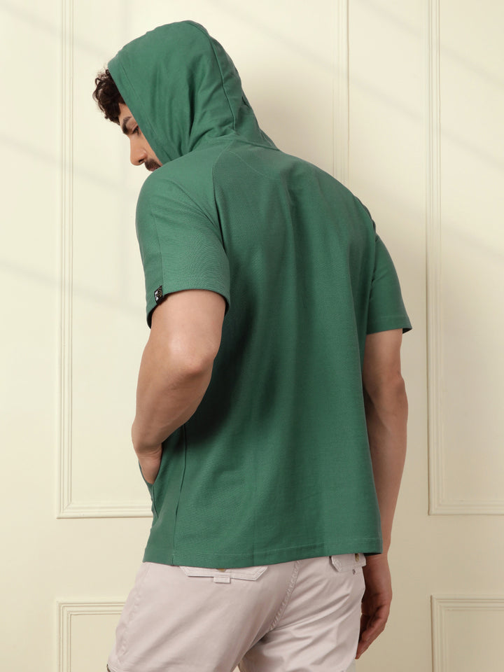 Solid Teal Half Sleeve Hooded T-Shirt