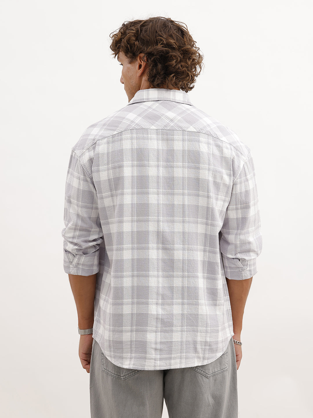 Oversized Double Pocket Checkered Shirt | Grey