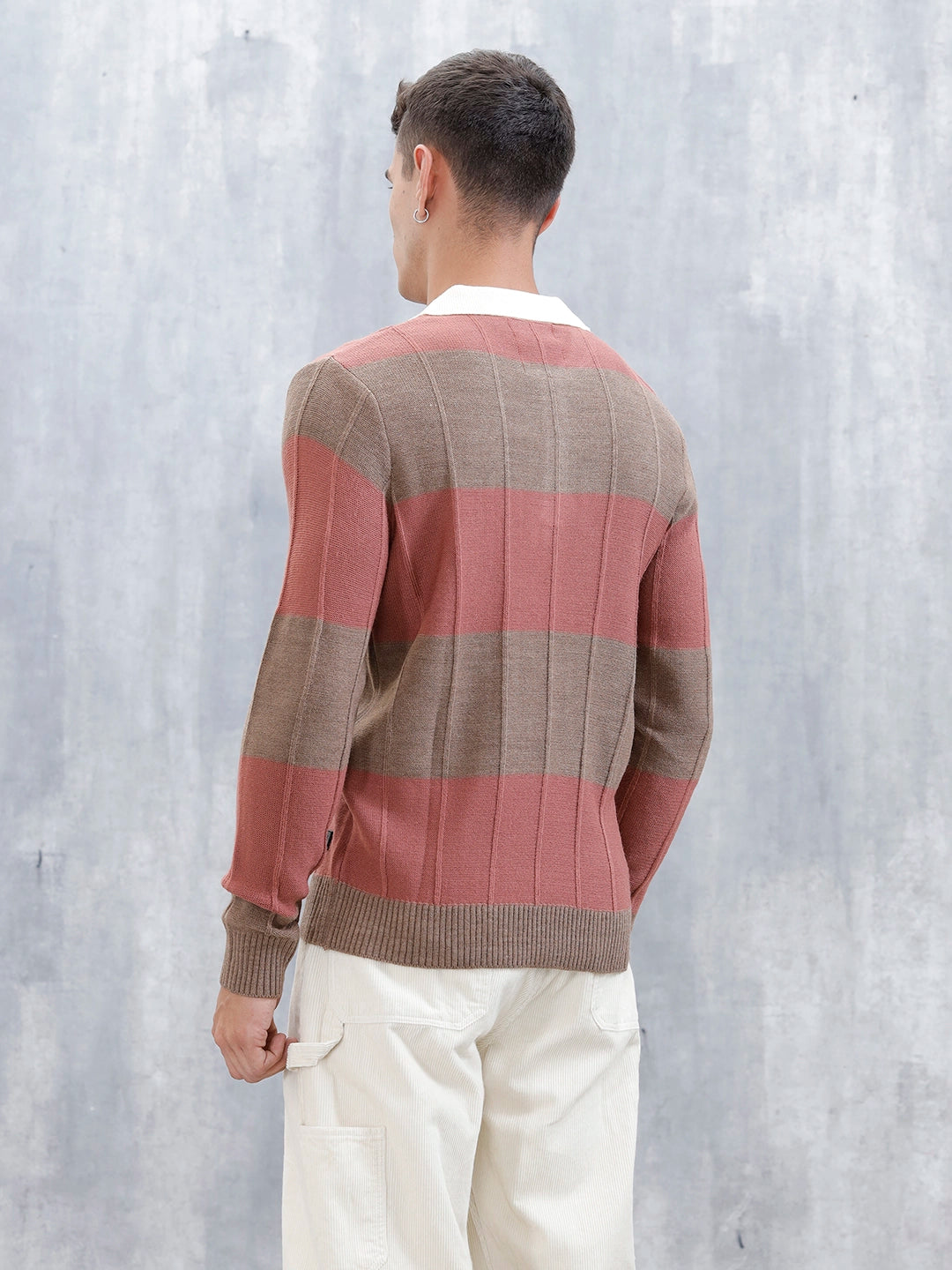 Men's Striped Polo Collar Sweater | Brown