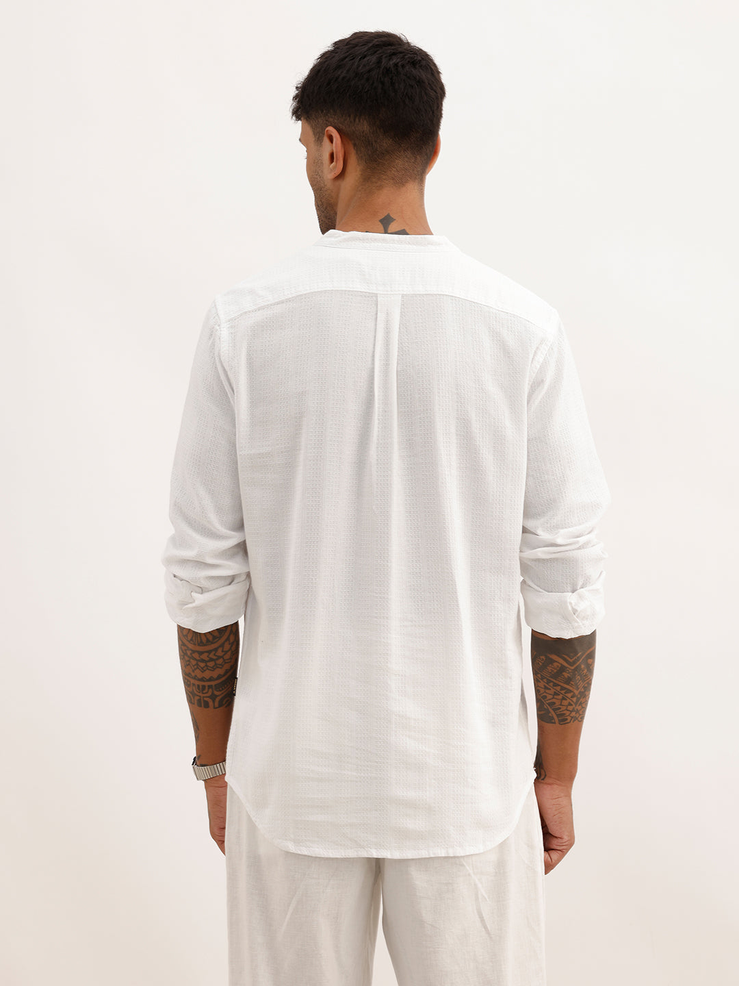 Textured Slim Fit Mandrin Collar Shirt | White