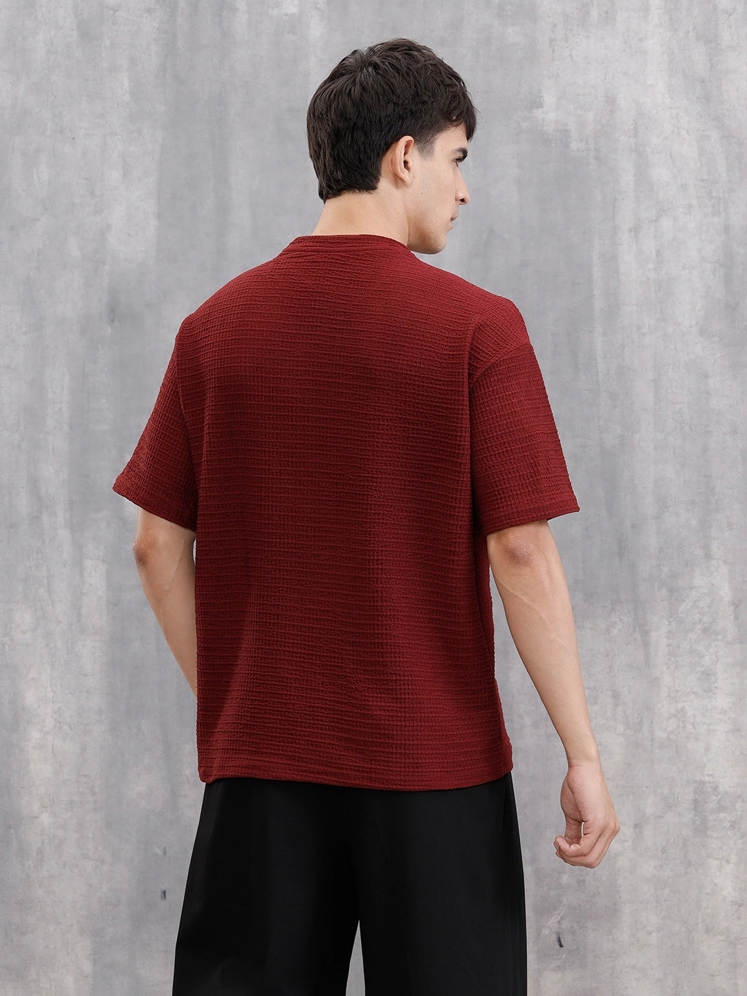 Oversized Jacquard Textured Crew Neck T-Shirt   | Maroon