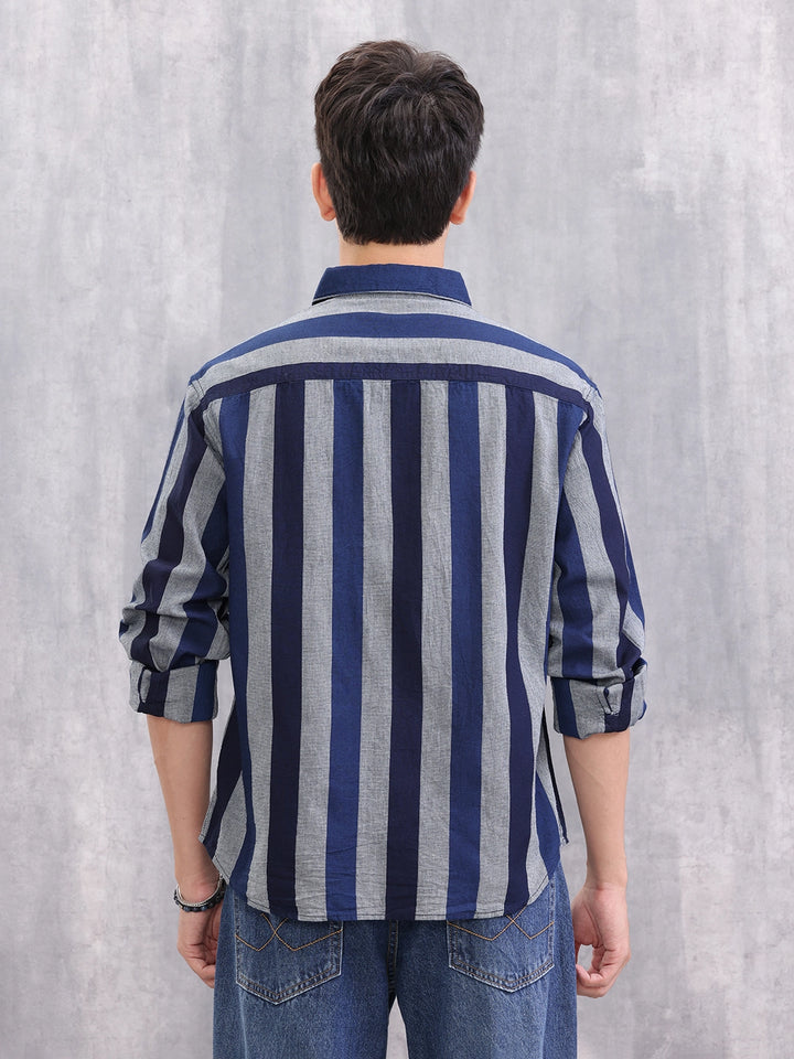 Textured Striped Cotton Shirt | Blue